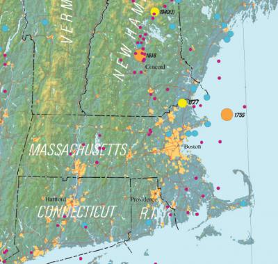 New England quakes mapped out: The 1775 earthquake is the big circle to the right of Cape Ann.